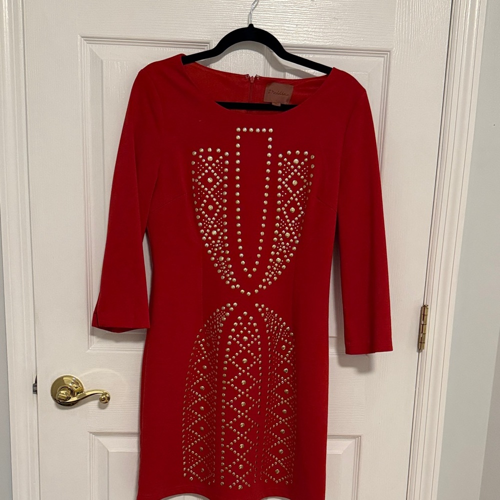 Chic Red Studded Long Sleeve Dress